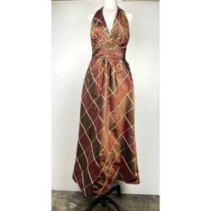 Kay Unger NY 100% Silk  Halter copper brown gown v neck geometrical print 6